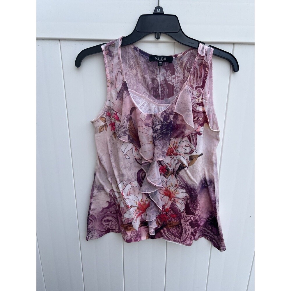 B.L.E.U. Women Top Floral T-Shirt Short Sleeve Petite Medium Embellished
